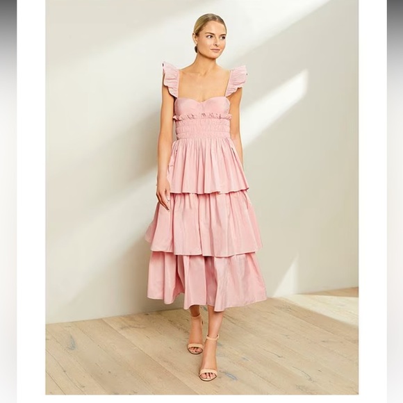 NWT ANTONIO MELANI Leila Sweetheart Neck Taffeta Smocked Tiered Midi Dress - Picture 3 of 9